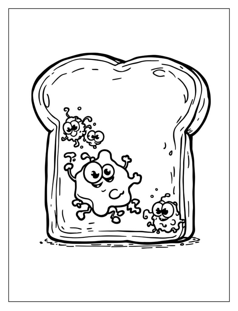 A simple drawing of an apple with a few large, round, green and black cartoon germs sitting on its surface.