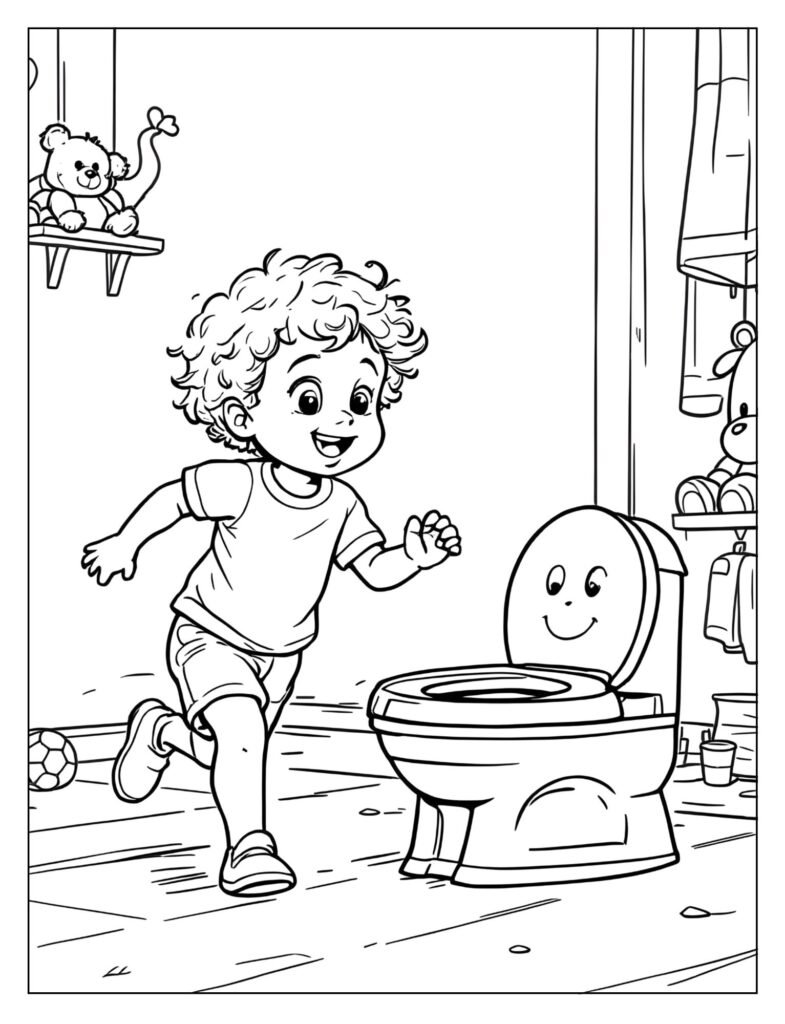 A child quickly running toward a potty chair.