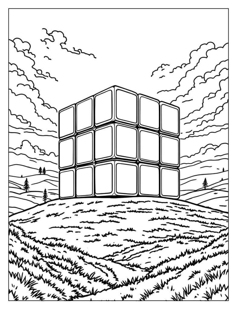 Massive 3x3x3 Rubik's Cube sitting outdoors on a green hill with distant trees.