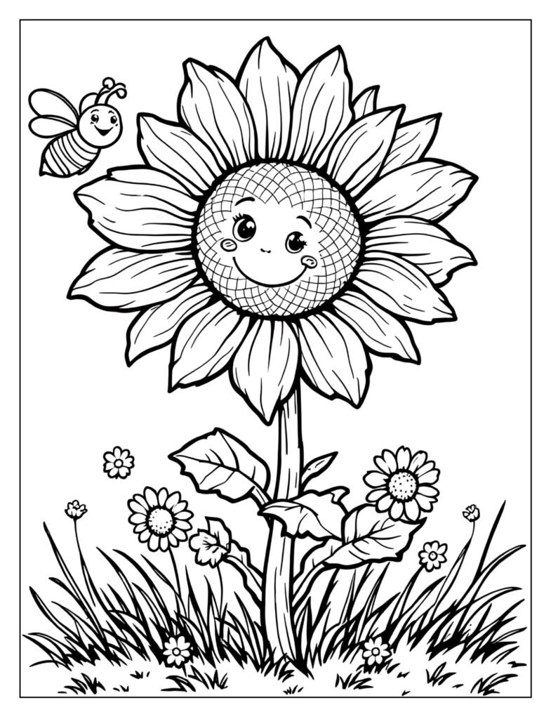Giant sunflower with a busy bee coloring page