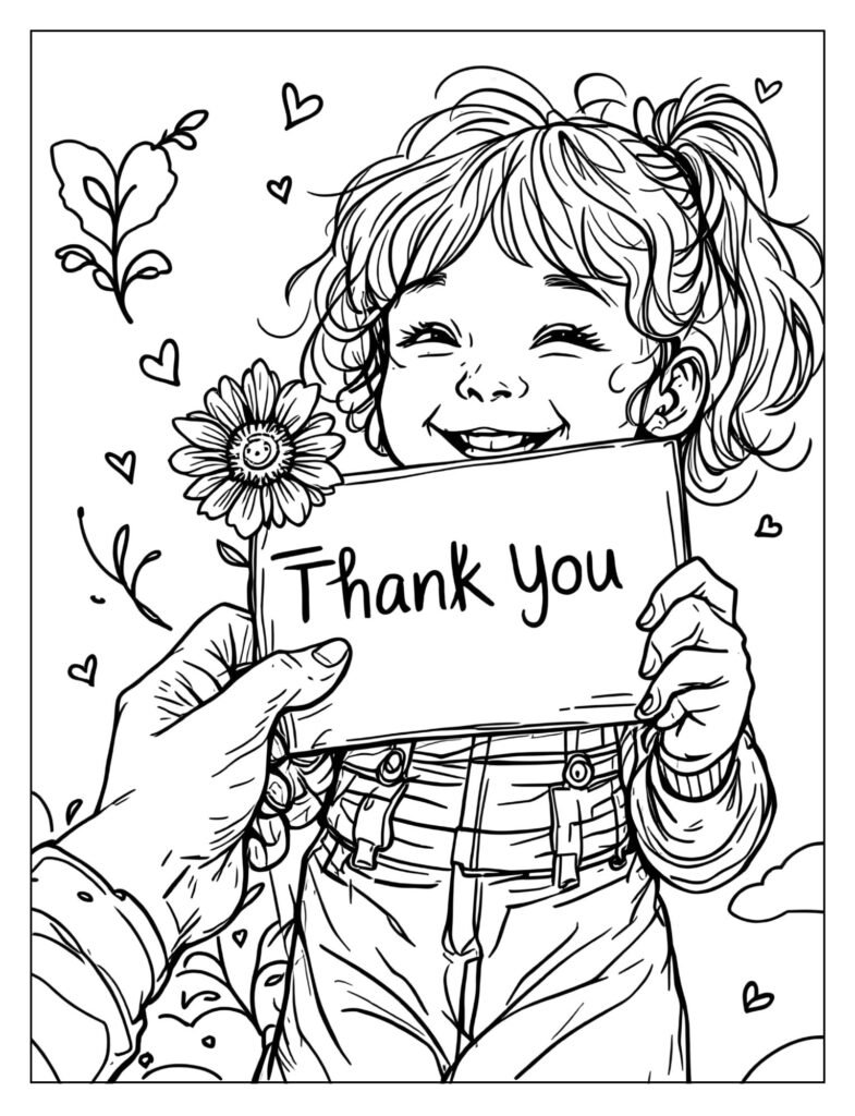 A child proudly holding up a hand-drawn "Thank You" card with a simple design, offering it to an outstretched adult hand.