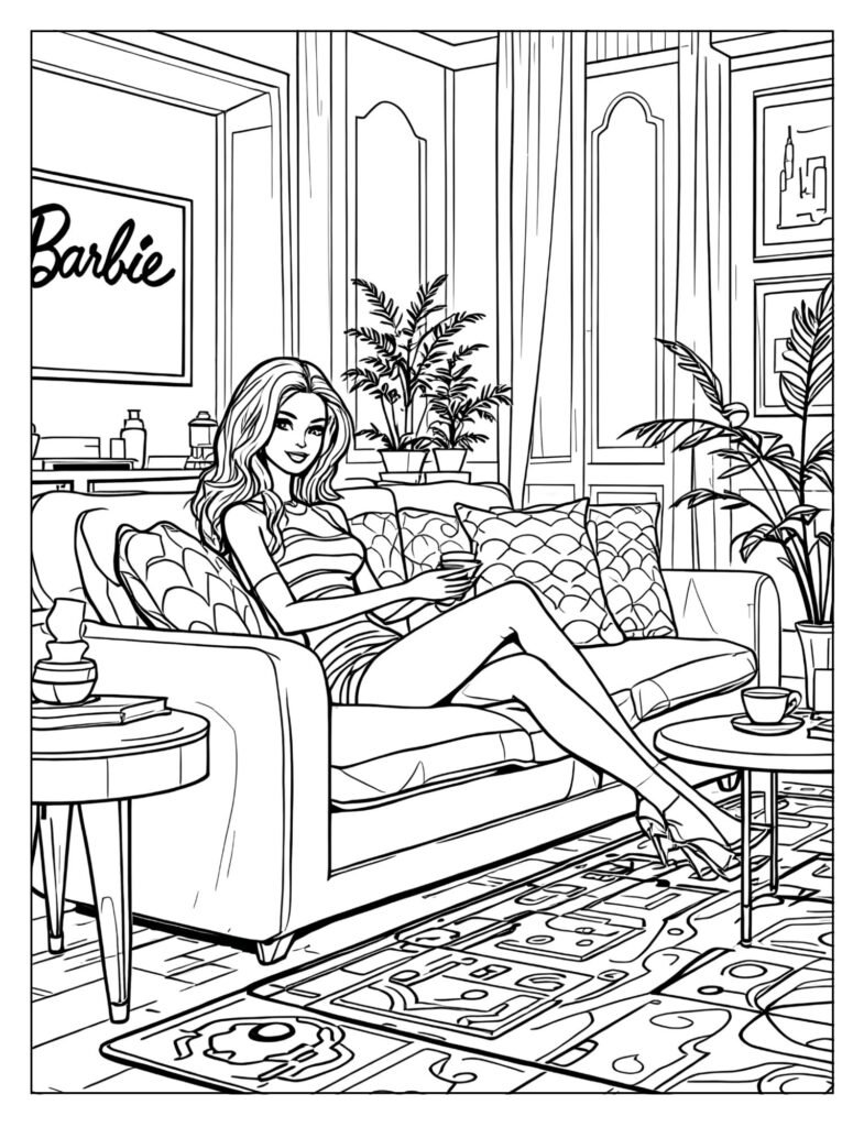 Barbie relaxing in glamorous Dreamhouse living room coloring page