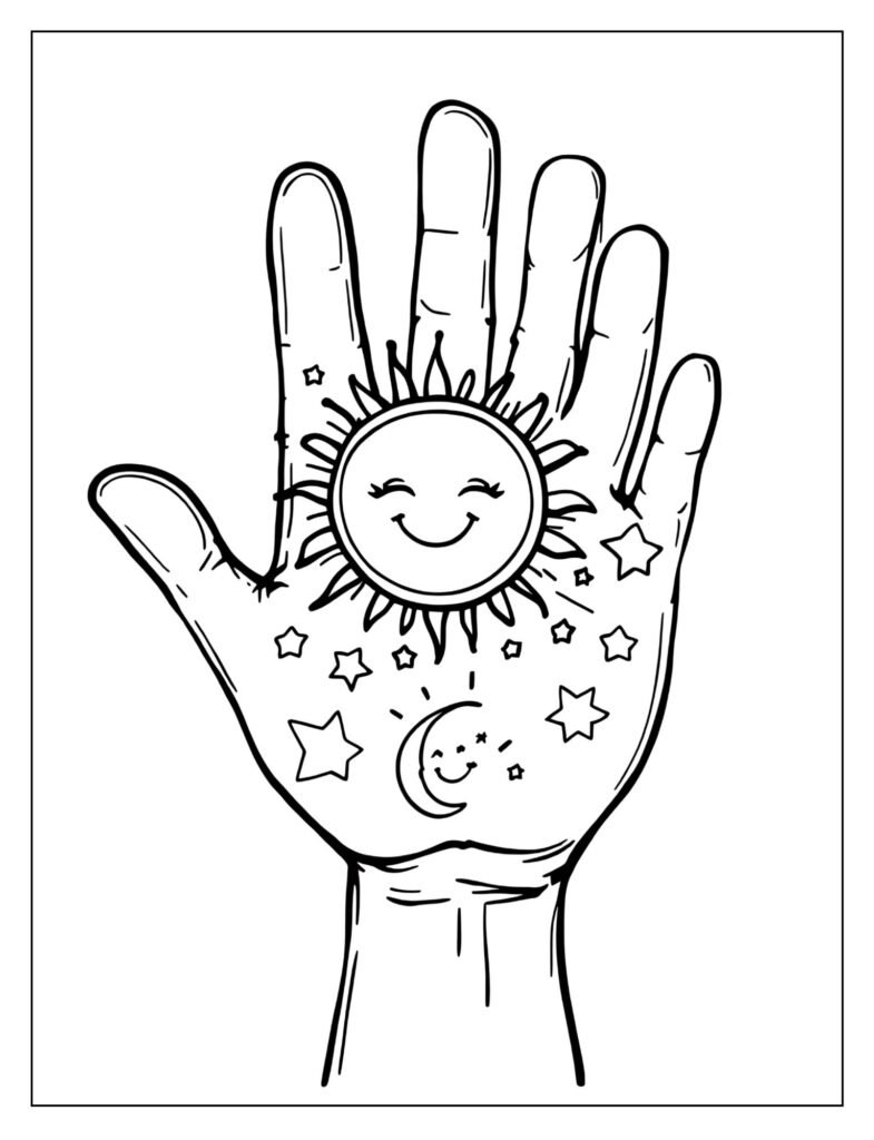 A hand from the sky holding the sun, moon, and stars.