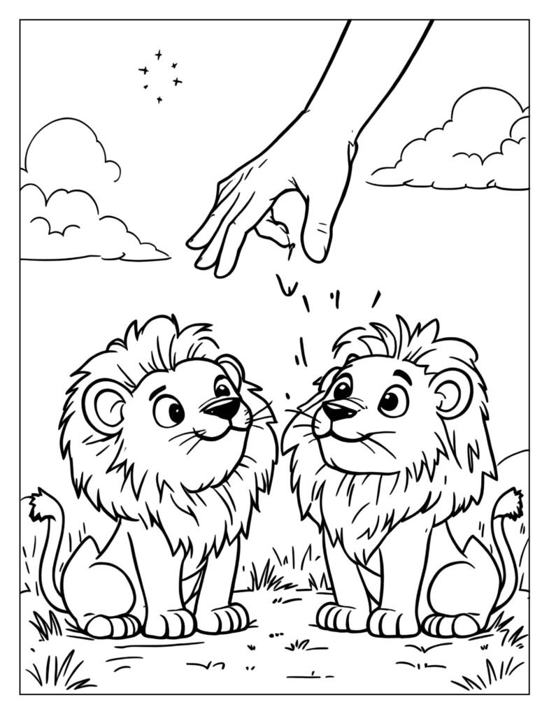 A hand from the sky closing the mouths of the lions.