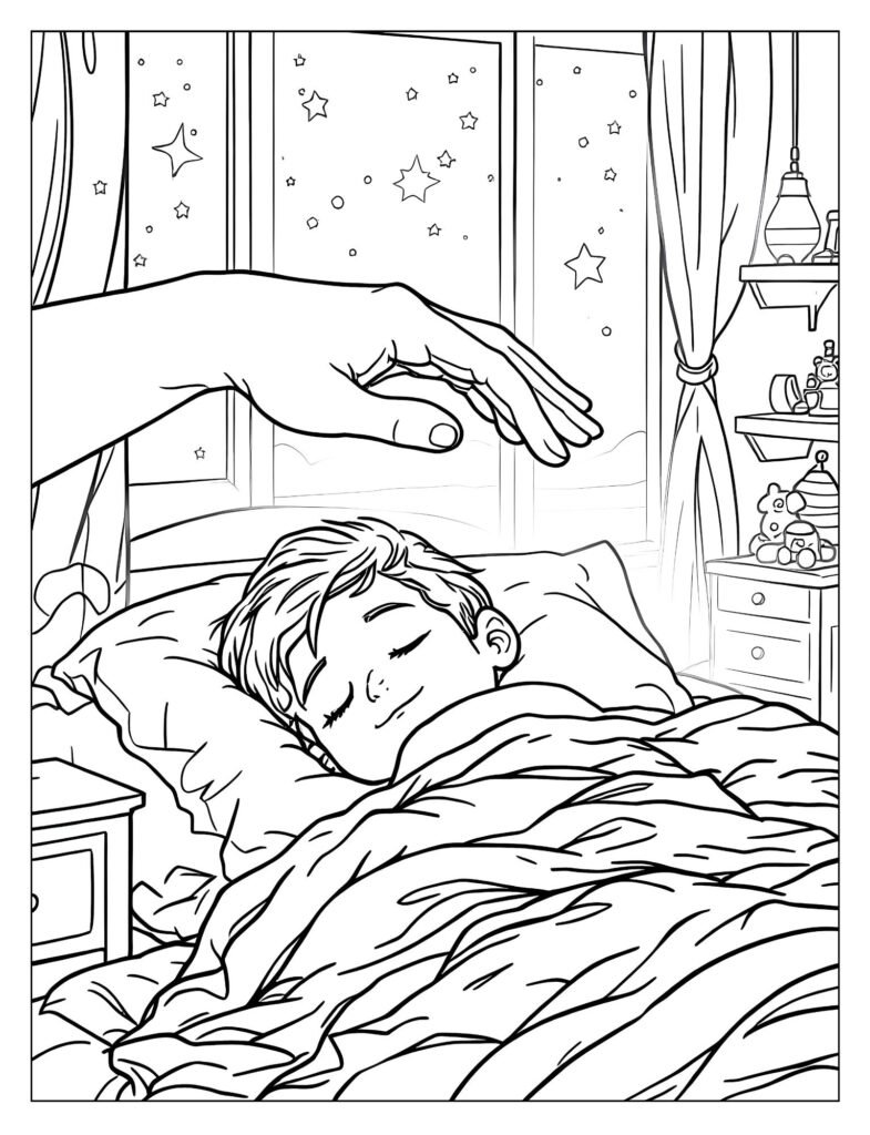 A child sleeping soundly with a big, comforting hand over them.