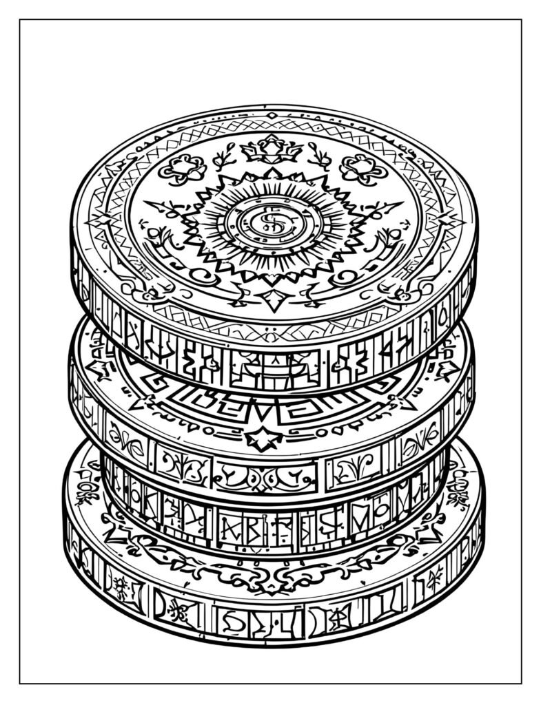 Stack of three large, ancient-looking gold coins with intricate, old-fashioned crests engraved on their surfaces.