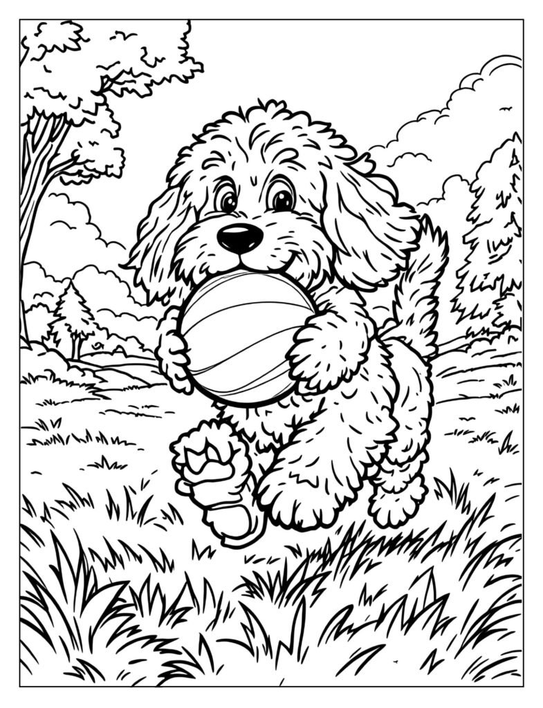 A playful Goldendoodle running with a ball.