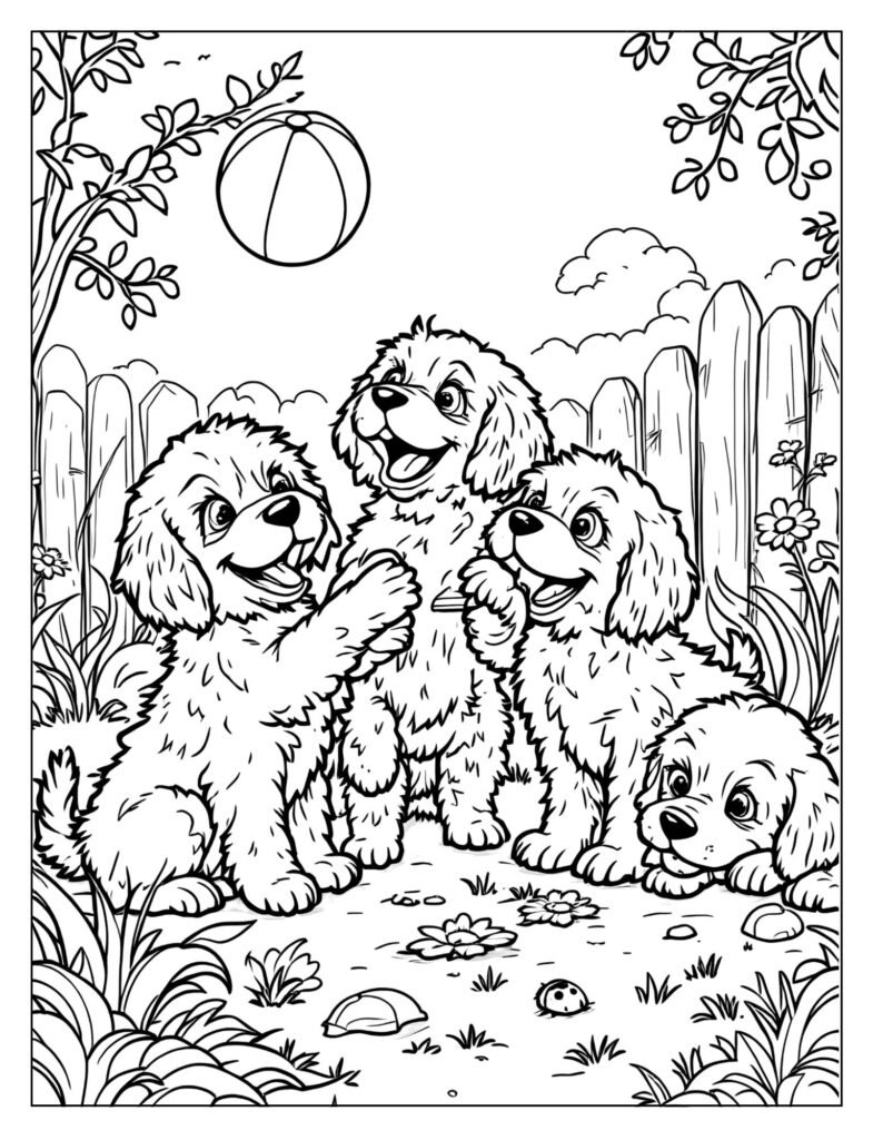 A group of three Goldendoodle puppies playing.