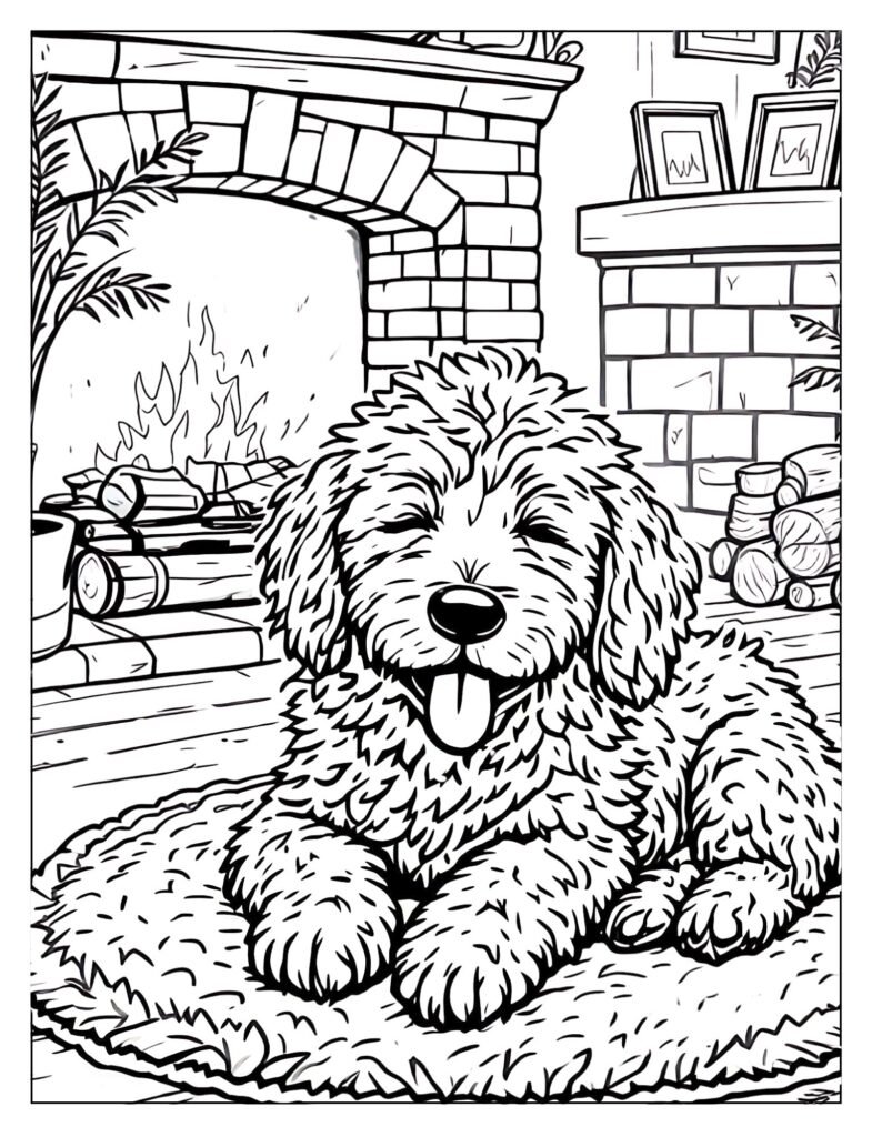 A Goldendoodle curled up in front of a fireplace.