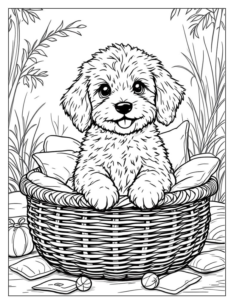 A Goldendoodle sitting cutely in a wicker basket.