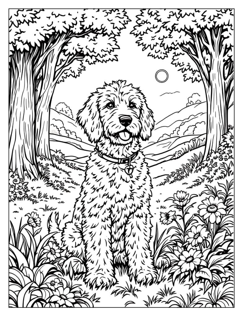A Goldendoodle sitting in a park.