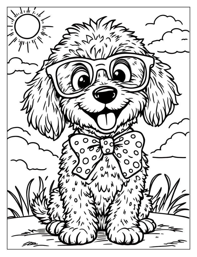 A cartoon Goldendoodle wearing silly glasses and a bowtie.

