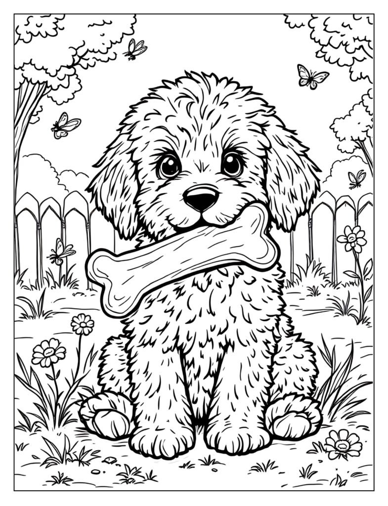A Goldendoodle happily chewing on a big bone.