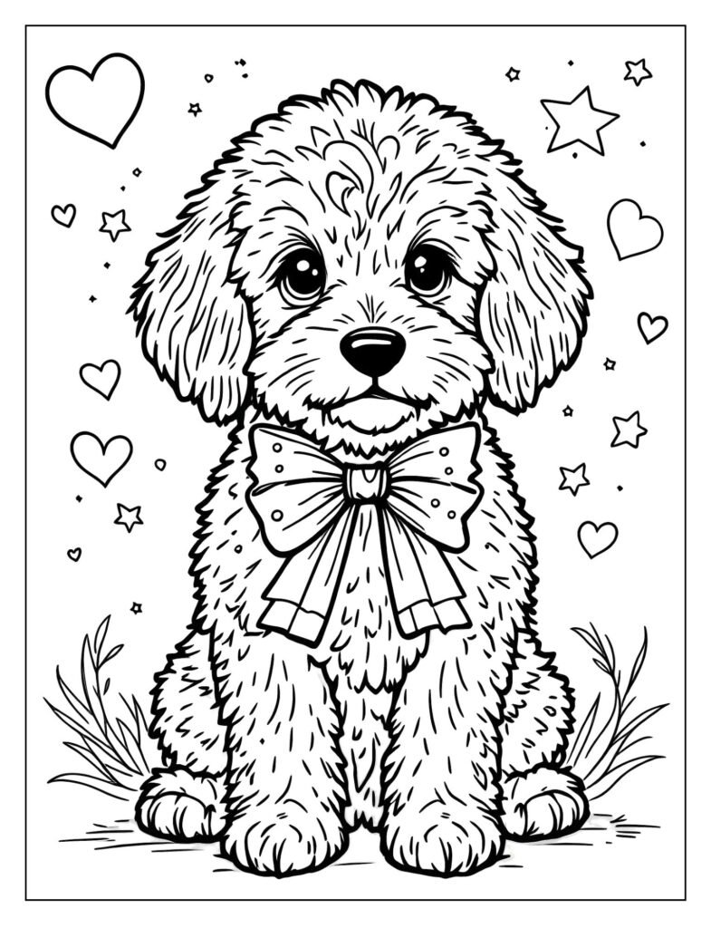 A Goldendoodle with a fancy bow around its neck.