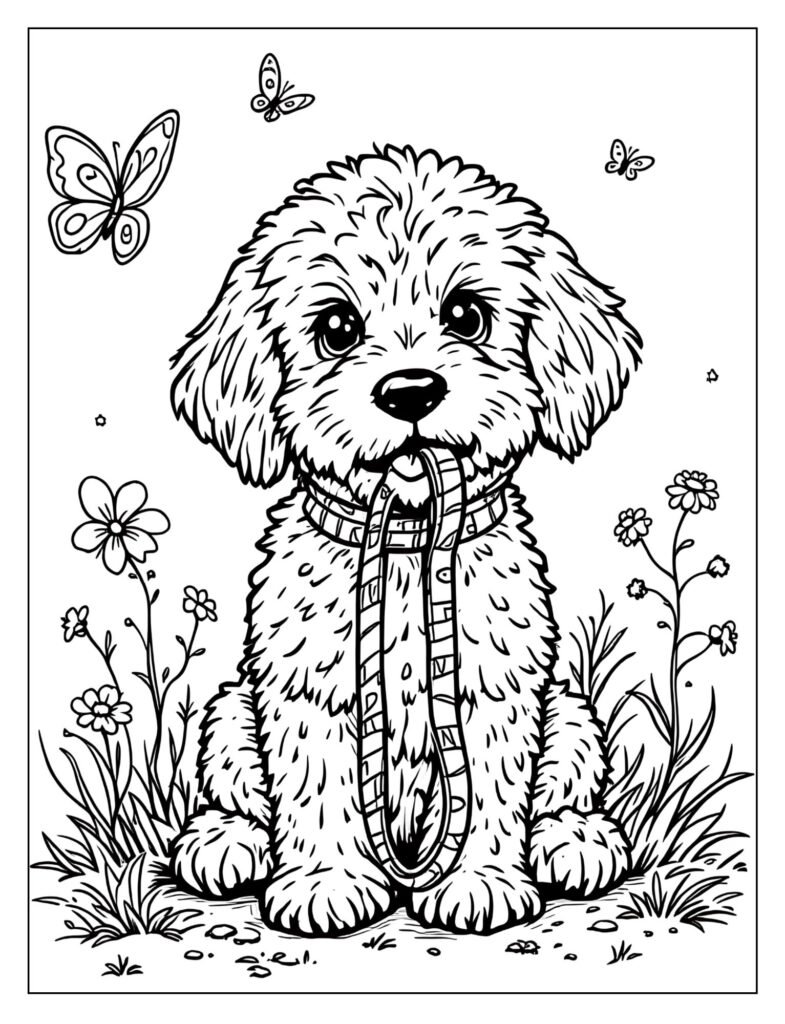 A Goldendoodle sitting patiently with a leash in its mouth.

