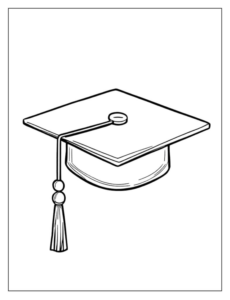 A black and white illustration of a graduation cap with a tassel, ready for coloring.