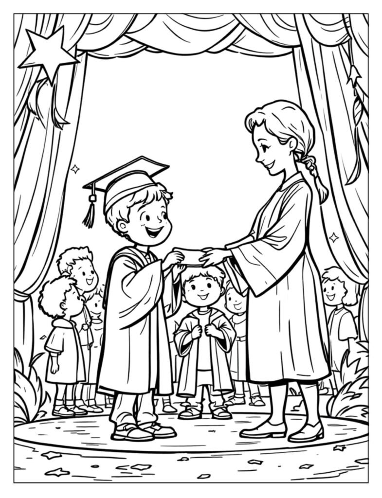 An outline drawing of a graduation ceremony with students in caps and gowns, receiving diplomas on a stage, ready for coloring.