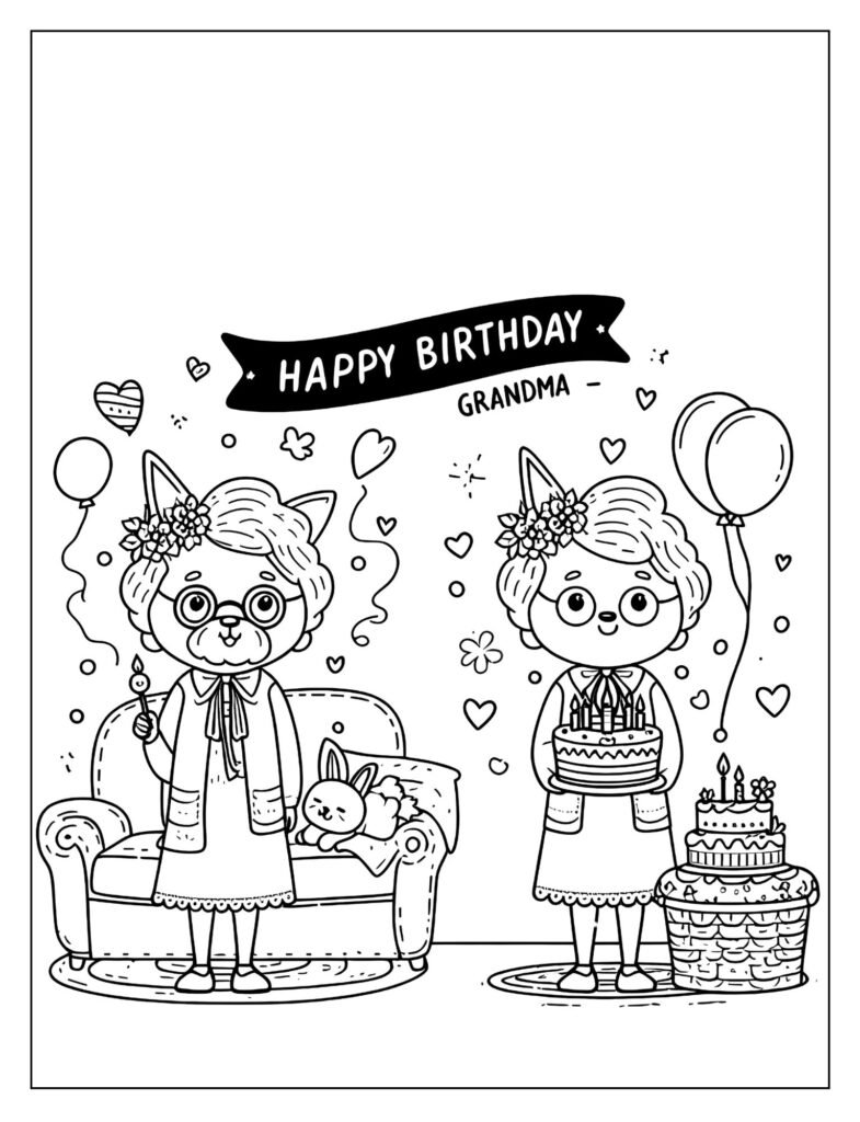 Grandma's birthday adventure themed coloring page