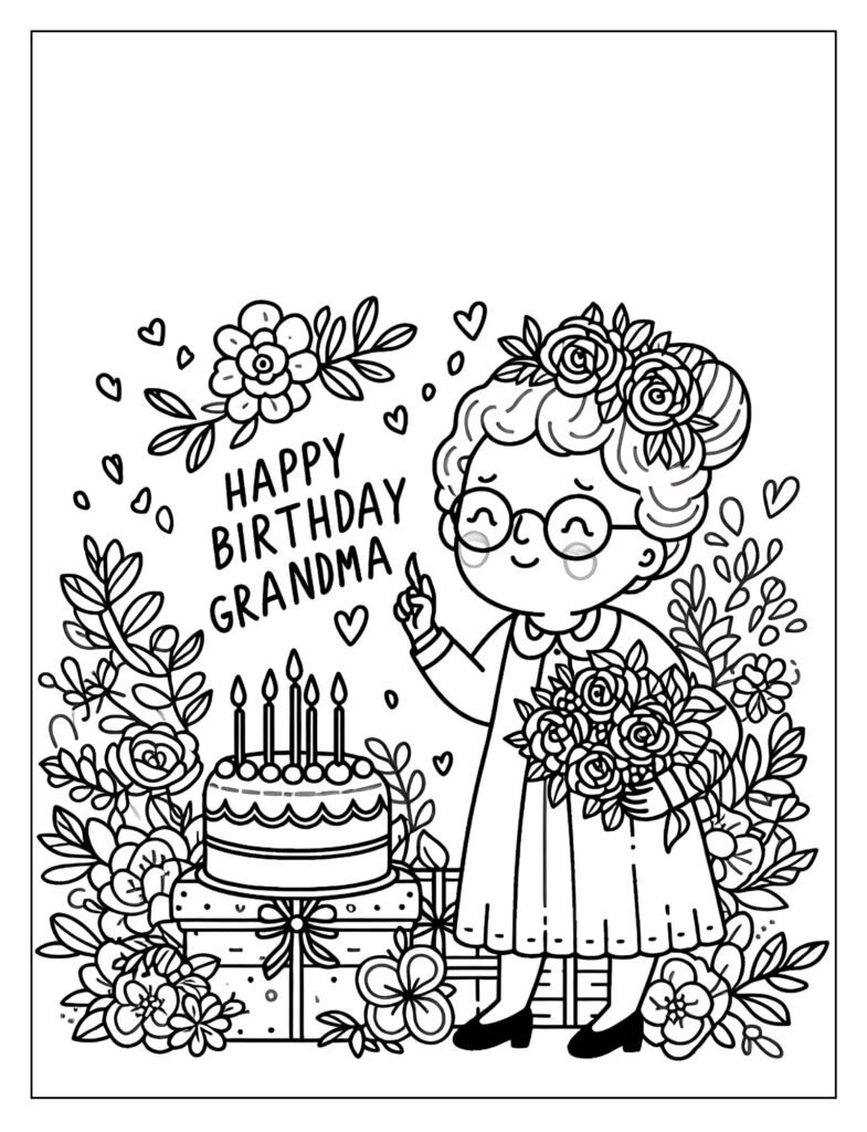 Grandma's festive birthday celebration scene coloring page