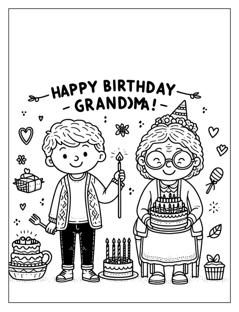Grandma's birthday wishes and balloons coloring page

