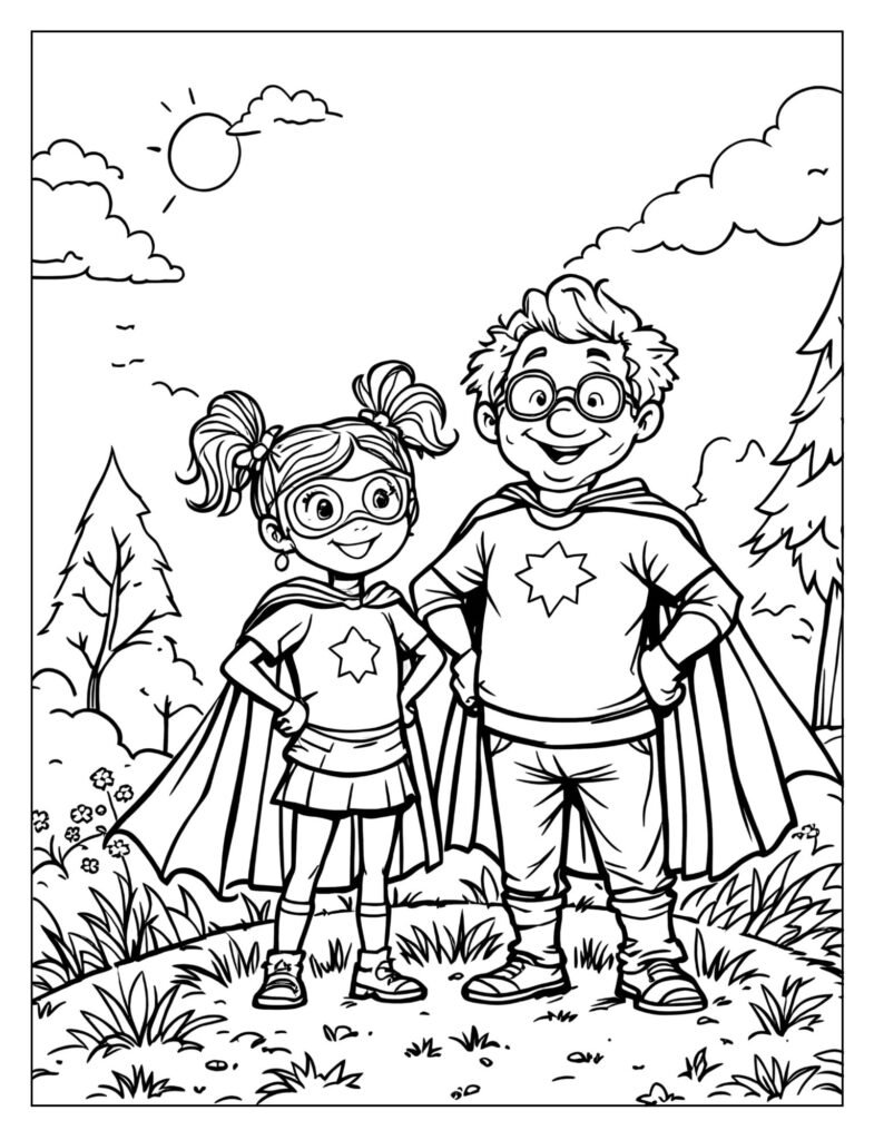 A grandchild and grandparent dressed as superheroes with capes and masks.