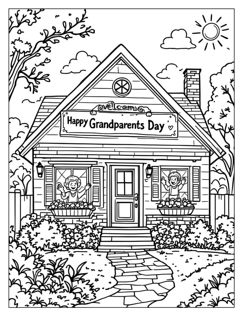 A house with a "Happy Grandparents Day" sign and a grandparent waving.