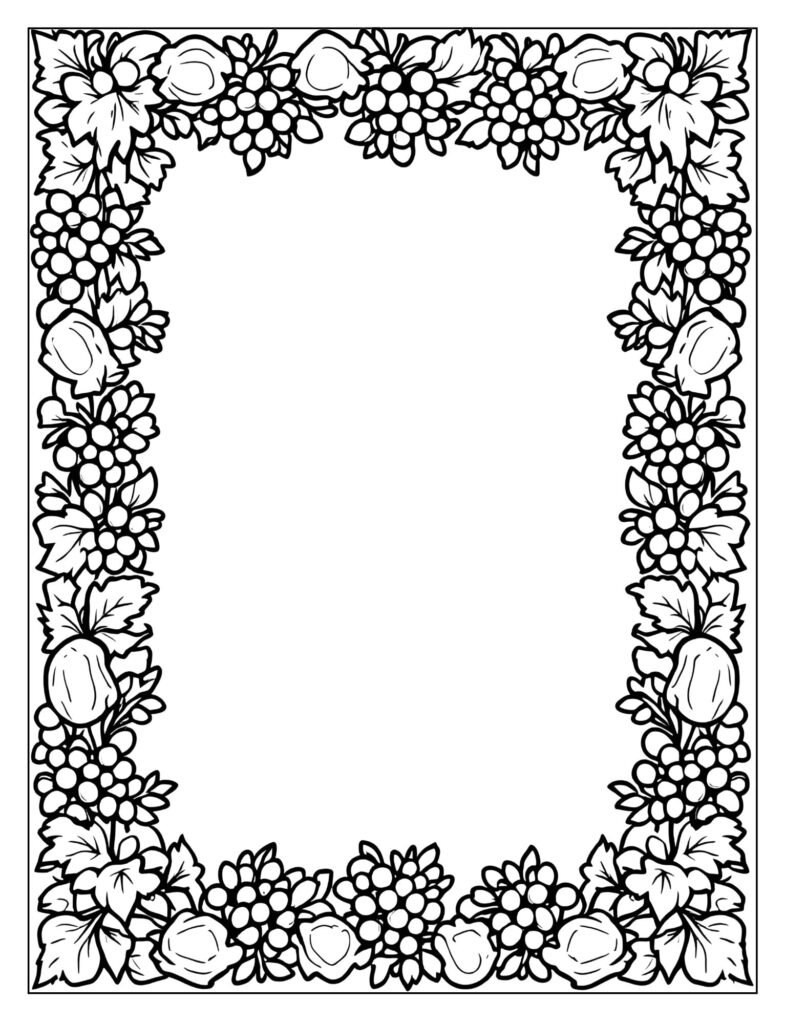 A decorative border of repeating bunches of grapes alternating with peanut shells.
