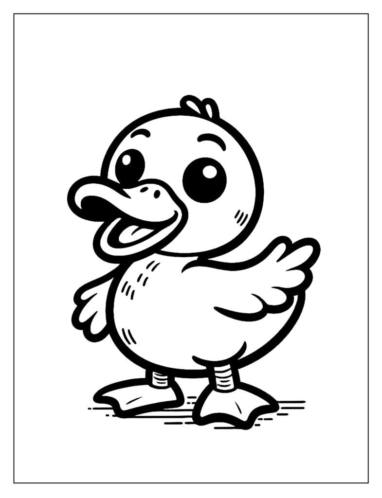 A black and white illustration of a duck standing or waddling in a lush green meadow, with grass and flowers, designed for coloring.