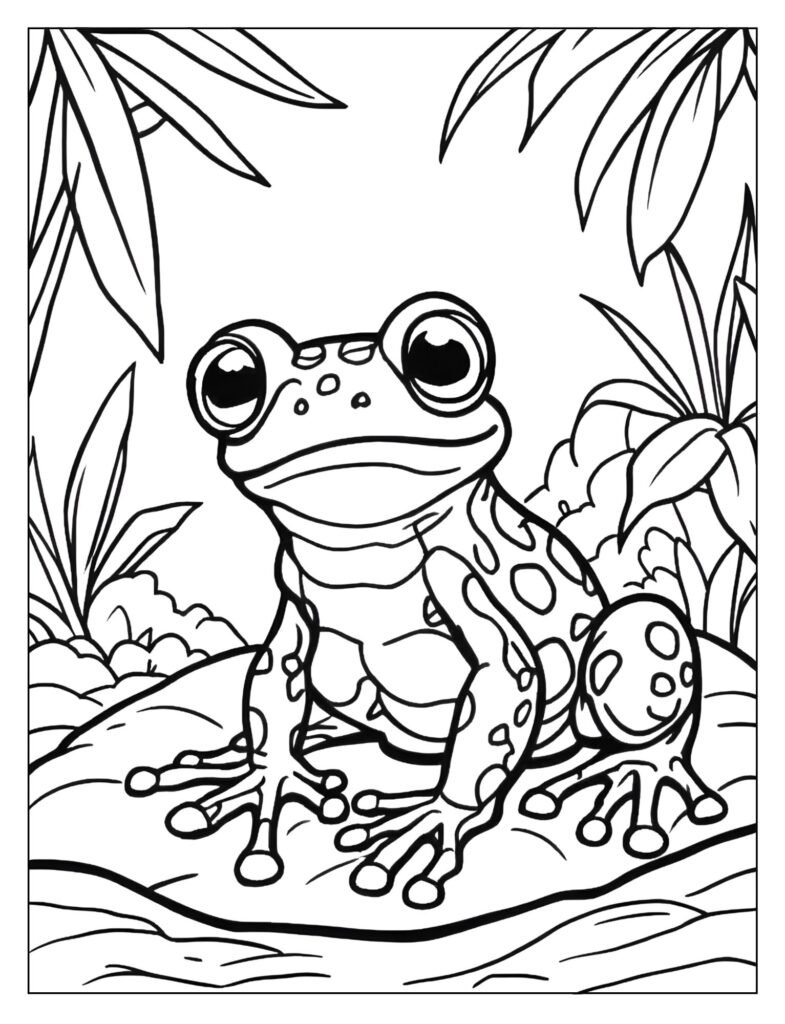 Detailed drawing of a Green and Black Poison Frog, showcasing its striking pattern of bright green spots and blotches against a solid black background.