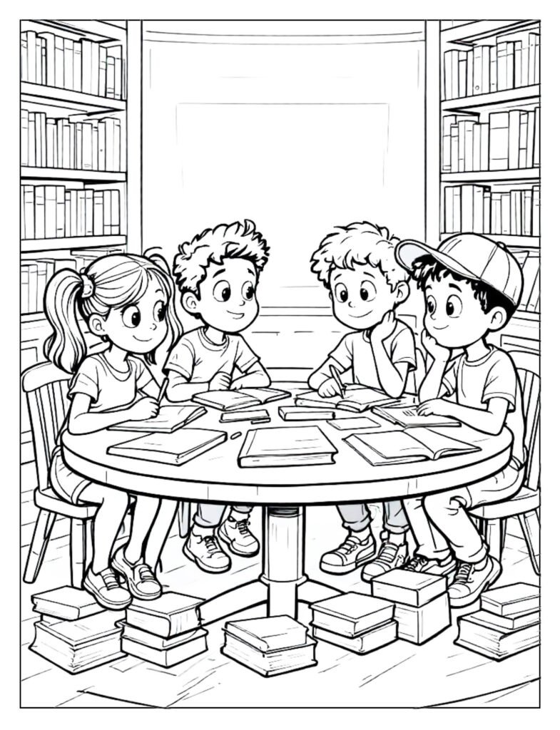 A black and white illustration of a small group of students sitting around a table, studying together, ready for coloring.