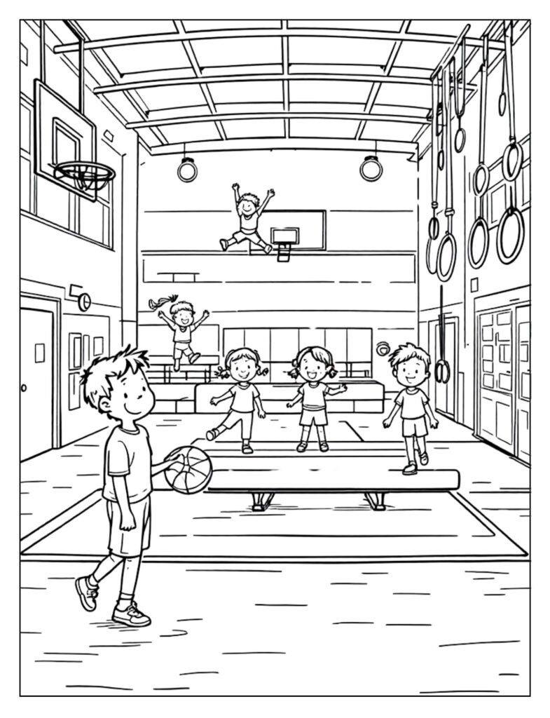 An outline drawing of a school gymnasium with basketball hoops and floor markings, ready for coloring.