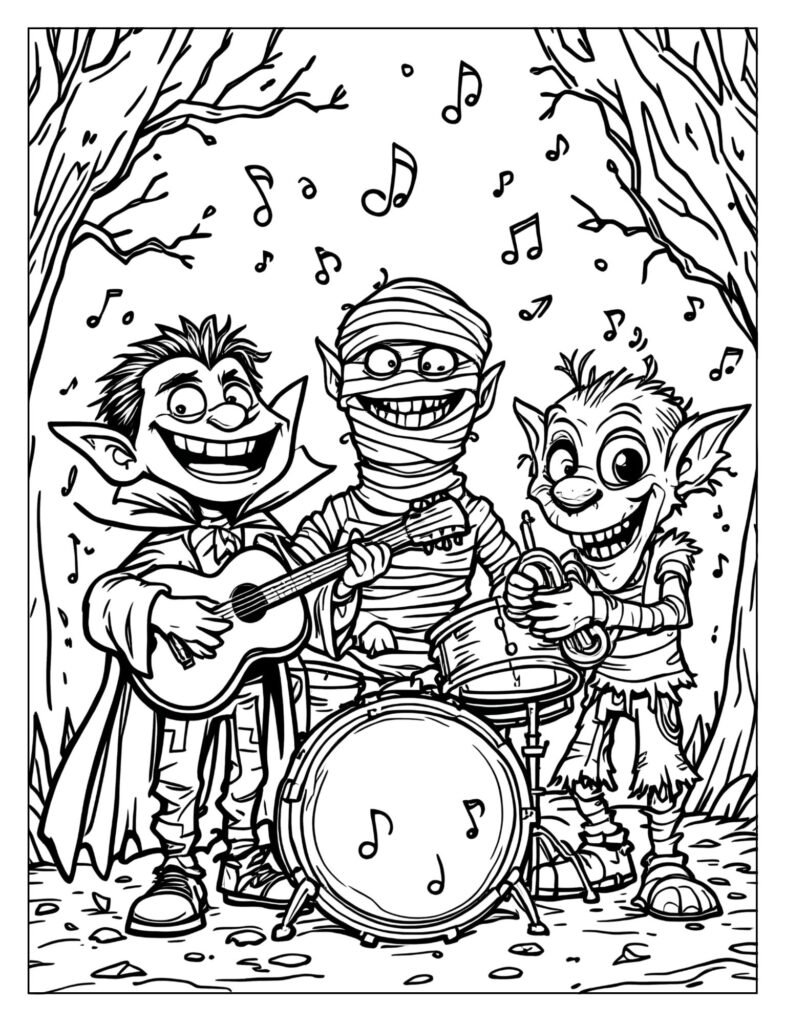 A band of different monsters playing instruments.