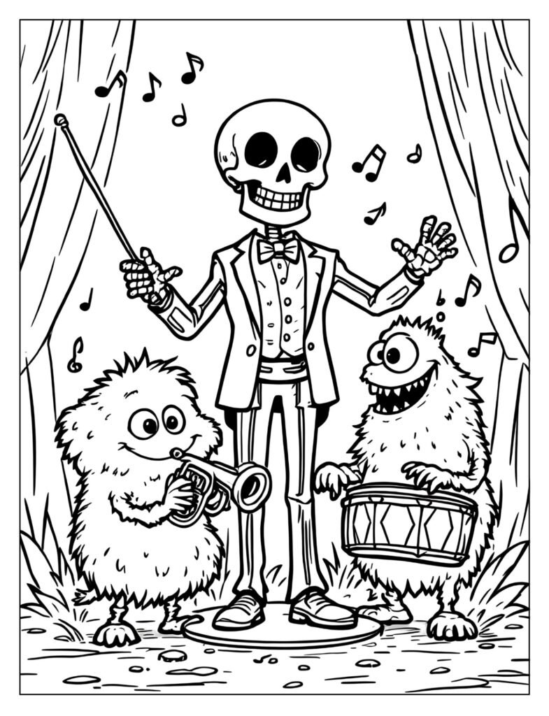 A skeleton conductor leading an orchestra of friendly monsters.