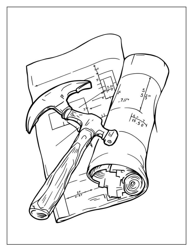 Claw hammer resting diagonally across a rolled-out blueprint or architectural drawing.