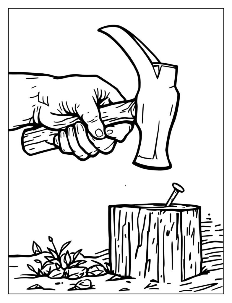Close-up drawing of a hand holding a hammer, poised to strike a nail set into a piece of wood.
