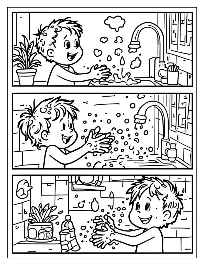 A sequence of three panels showing the steps for washing hands thoroughly.