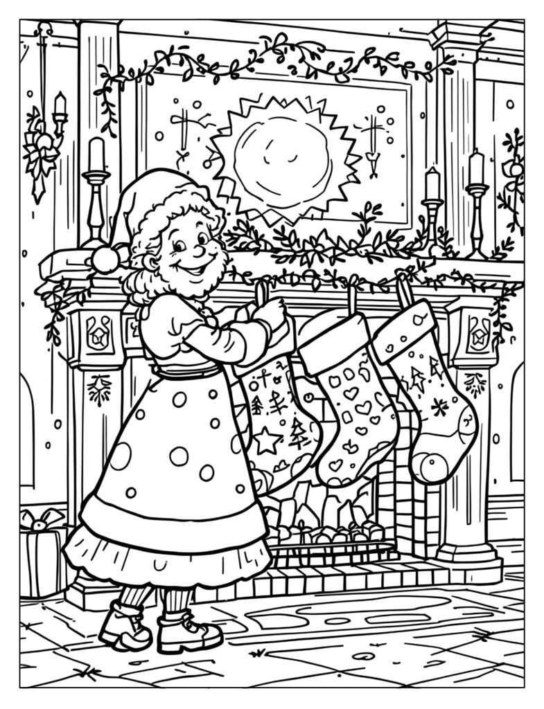 Mrs. Claus standing by a mantelpiece, carefully hanging several oversized, festive Christmas stockings.