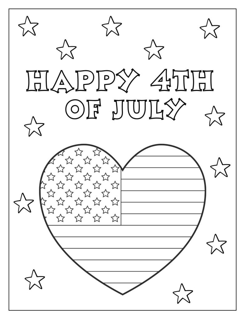 A line art drawing with the phrase "Happy 4th of July" in a festive, outlined font, ready for coloring.