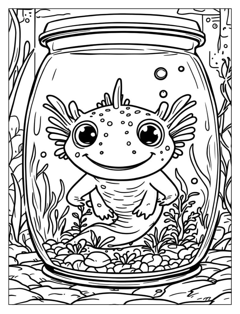 A happy axolotl with a big smile swimming in a tank.