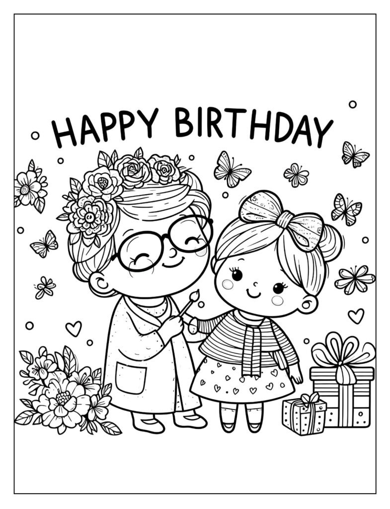 Happy Birthday Grandma greeting coloring page