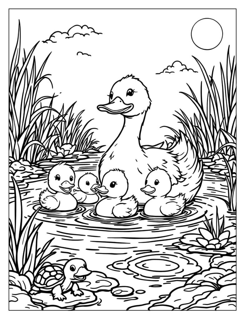 Happy family of ducks swimming in a pond coloring page