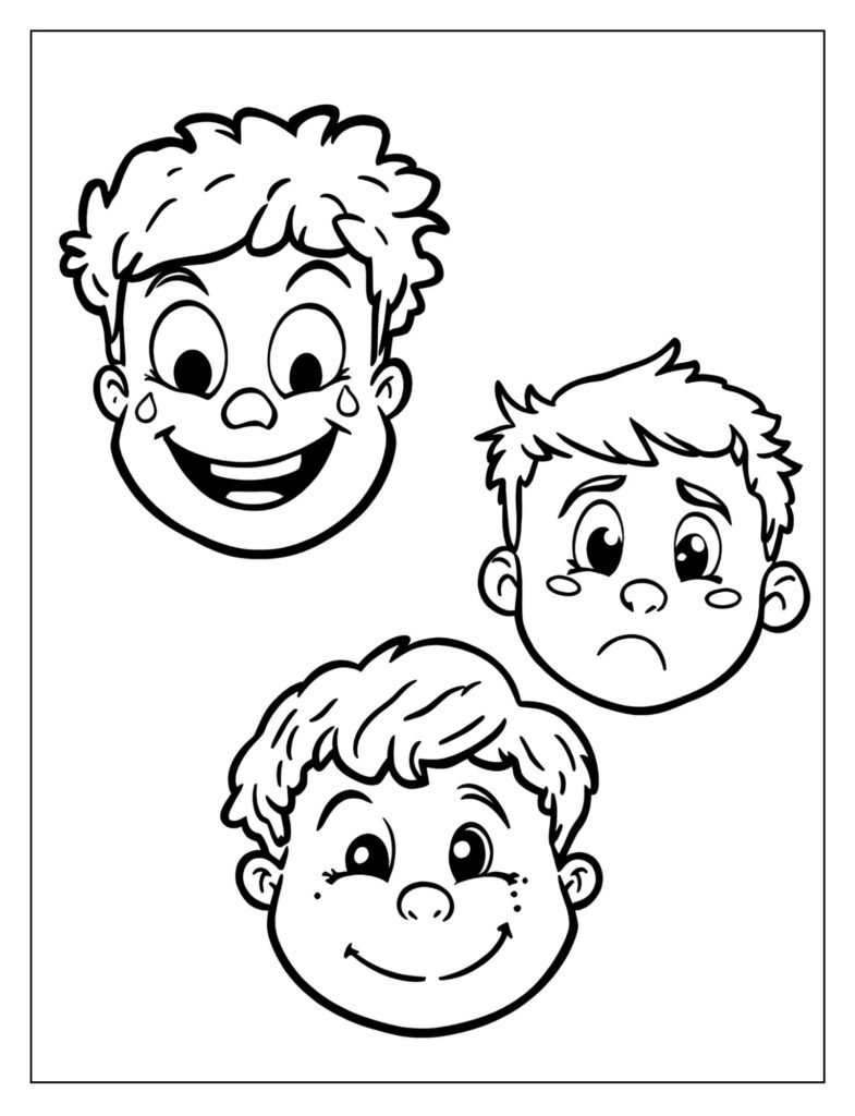 Simple happy face showing different emotions coloring page