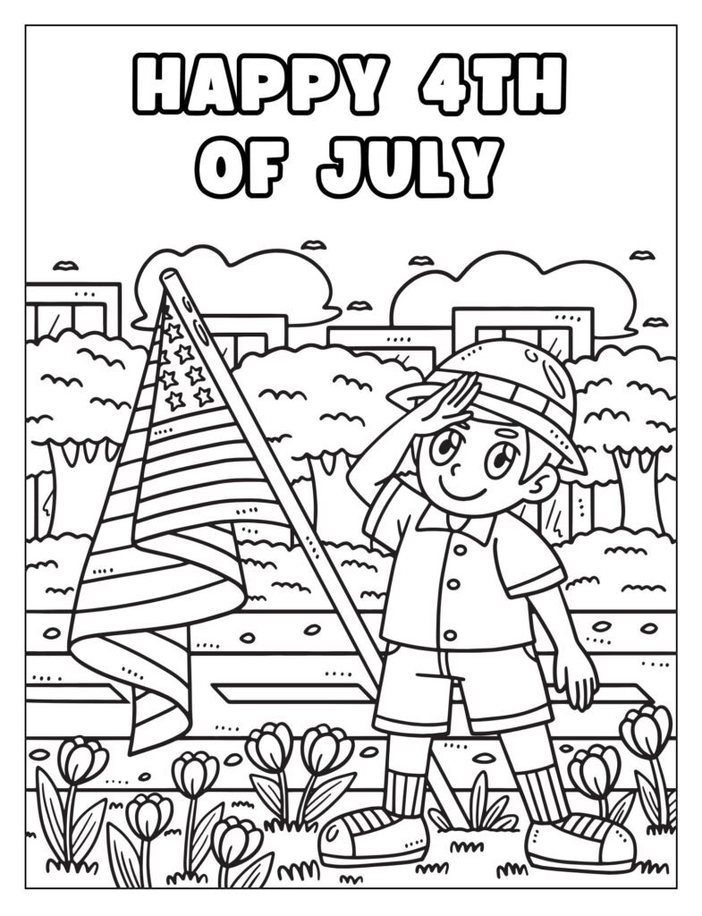 A black and white outline illustration with the full phrase "Happy Fourth of July" in a festive font, designed for coloring.
