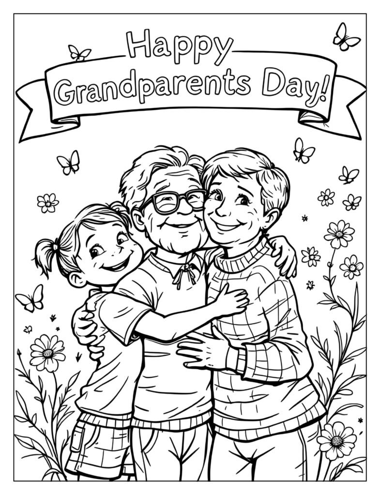 A "Happy Grandparents Day" banner with a grandchild hugging their grandparent.