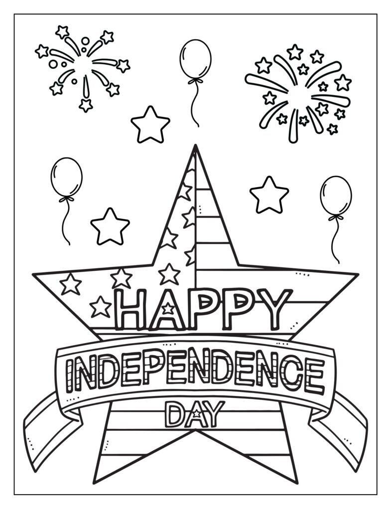 An outline drawing with the words "Happy Independence Day" in a celebratory font, intended for coloring.