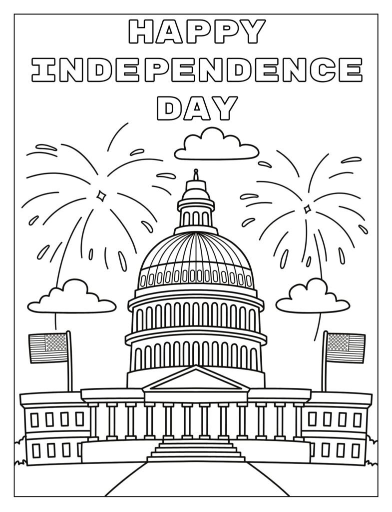 A line art page with both "Happy Independence Day" and "4th of July" text, in a celebratory font, ready for coloring.