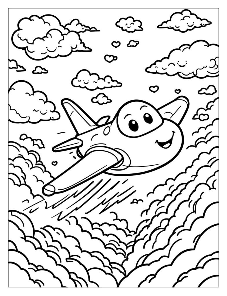 Cartoon jet with happy face flying through clouds coloring page
