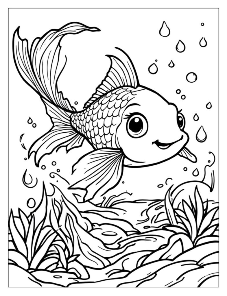 A happy koi fish with a cheerful expression swimming in a pond.