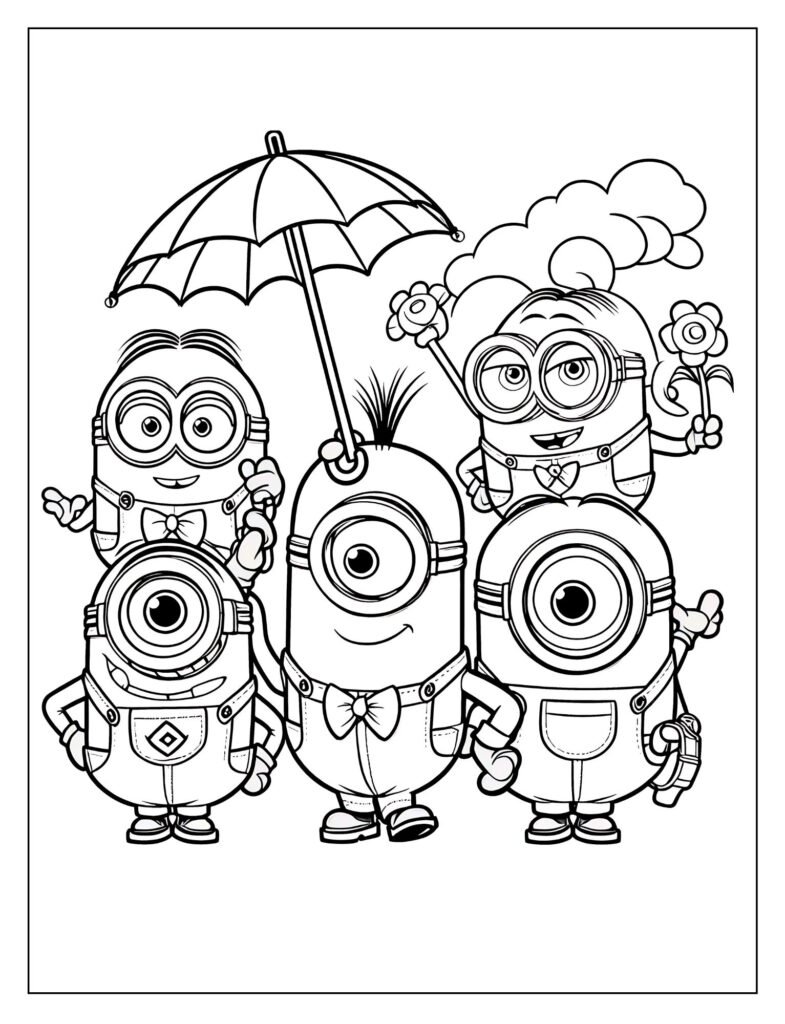 A line art illustration of a joyful Minion, perhaps laughing or dancing, designed for coloring.