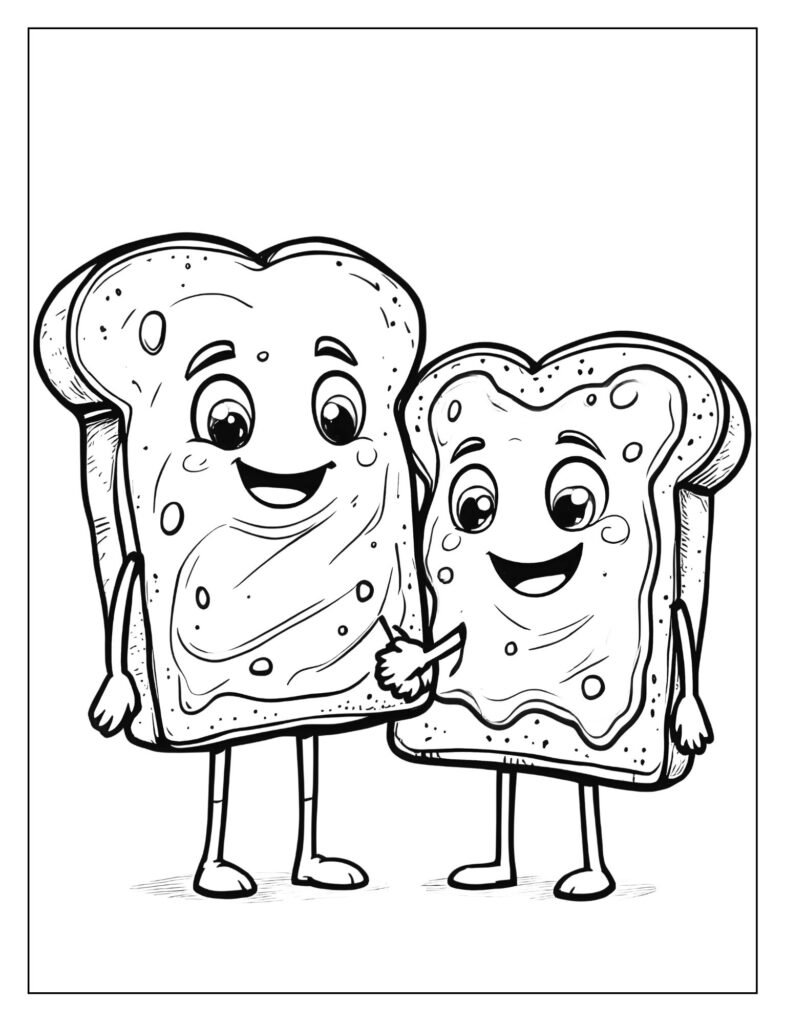 Two cartoon slices of bread, one with peanut butter texture and one with jelly texture, standing together and smiling.